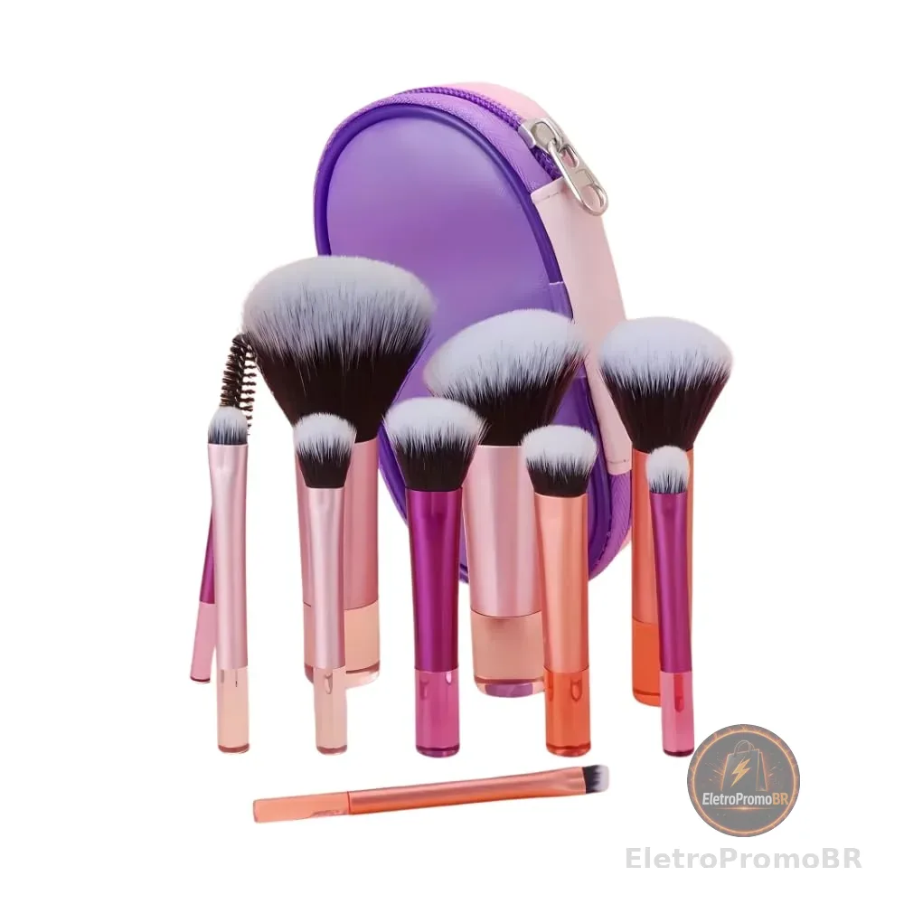 Kit 10 Pincéis de Maquiagem com Estojo Cerdas Sintéticas Macias, Portátil e Completo para Base, Pó, Blush, Corretivo e Sombras – Travel Size Ideal para Presente, Uso Diário e Adolescentes