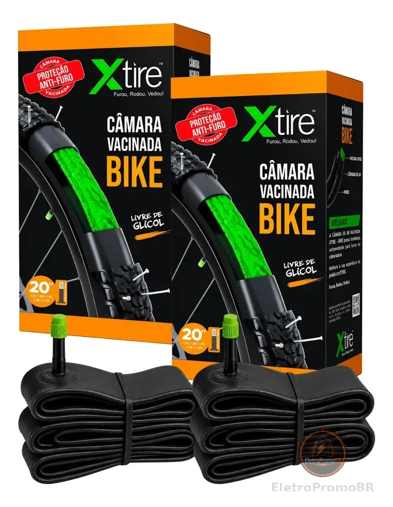 Kit 2 Câmara De Ar Bike Com Selante De Pneu Antifuro Xtire Schrader Preto Aro 20 / Bico Grosso