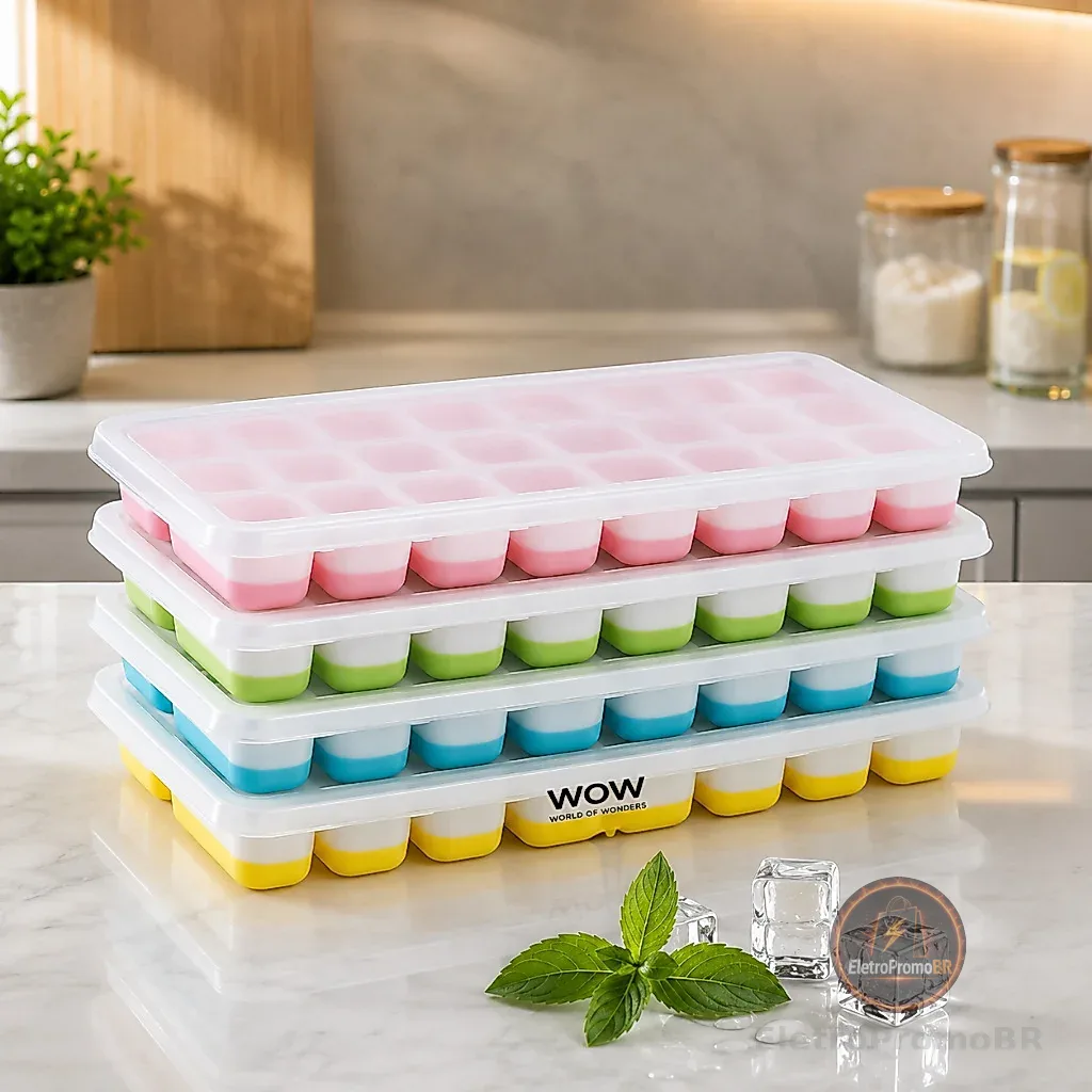 Kit 4 Forma De Gelo Fundo Silicone 14 Cubos Tampa Rígida