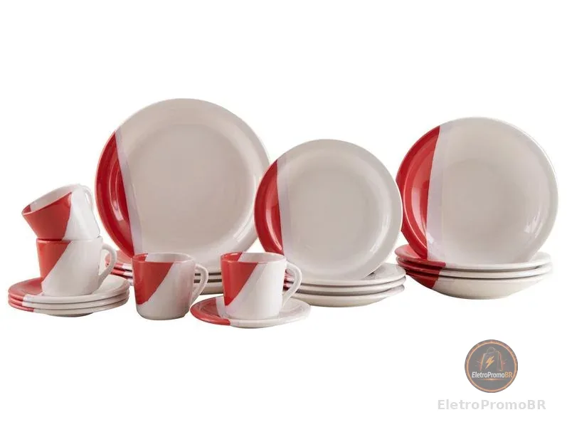 Aparelho de Jantar e Chá 20 Peças Cerâmica Brasilia Redondo Branco e Vermelho Atual