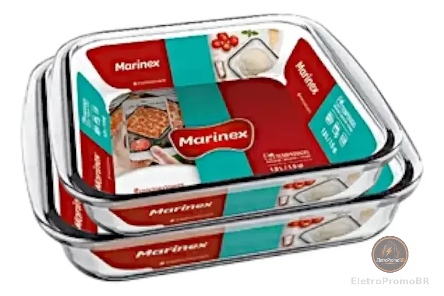 Kit 2 Assadeira De Vidro Quadrada Taça Marinex 1.8lt E 1.1lt