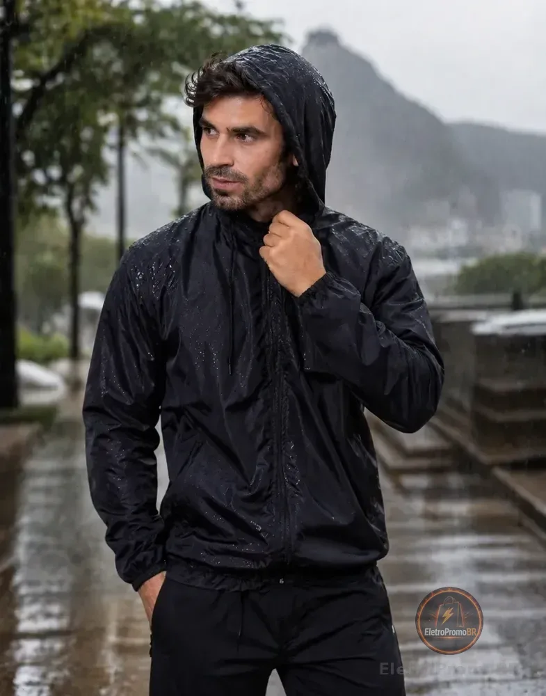 Jaqueta Corta Vento Masculina Impermeável Capuz Zíper Bolso Preto G Liso