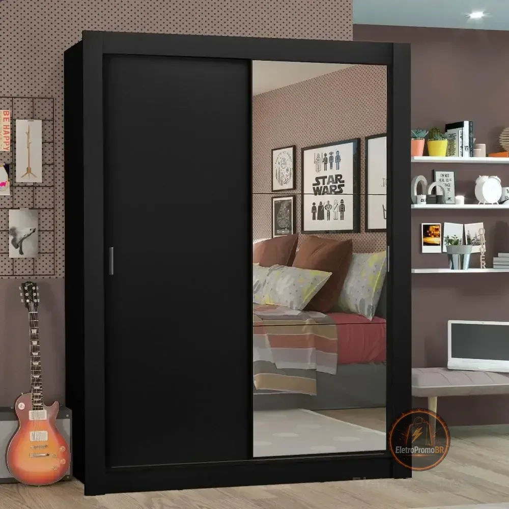 Guarda Roupa Denver Madesa Solteiro Armário Quarto 2 Port Correr Espelho P Cor Preto 10948N1E