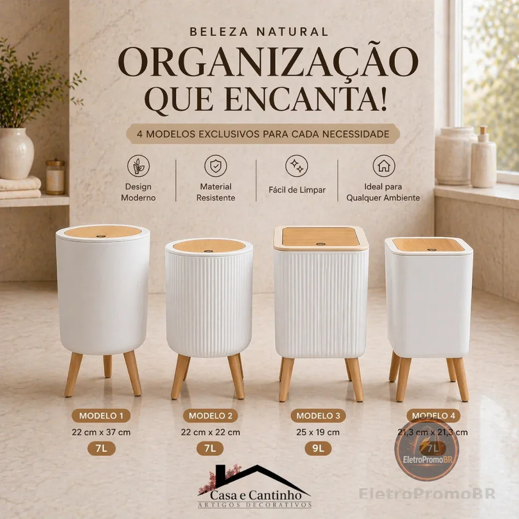 Lixeira De Plástico 9 ou 8 Litros Branca Com Pés e Tampa Click De Pressão Cozinha Banheiro