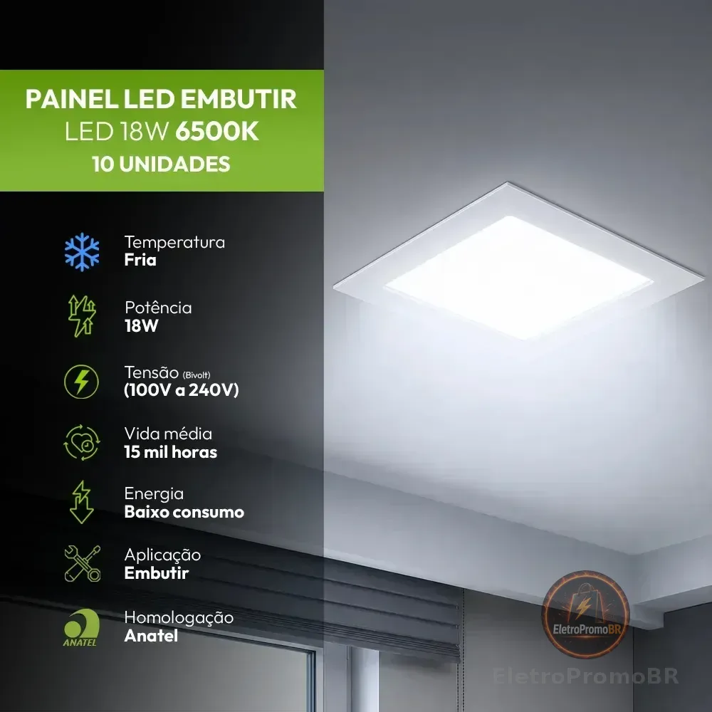 Kit 10 Painel Plafon Embutir Led 18w Quadrado 6500k Branco Frio - Easy