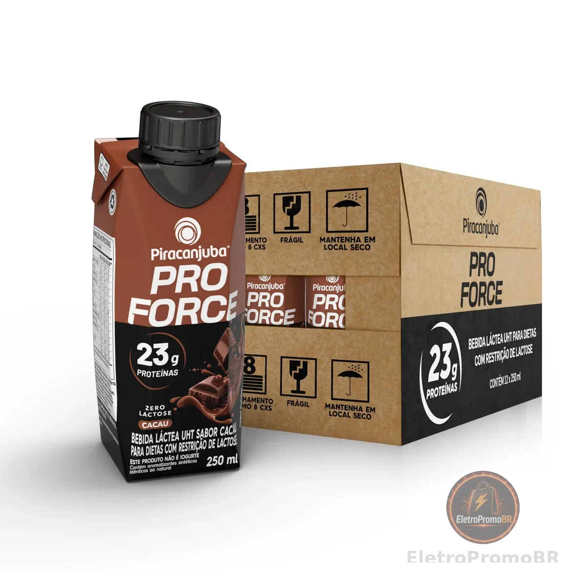 Piracanjuba ProForce Bebida Proteica Líquida Sabor Cacau Zero Lactose 23g Proteínas, Caixa 250ml – Pack com 12 Unidades