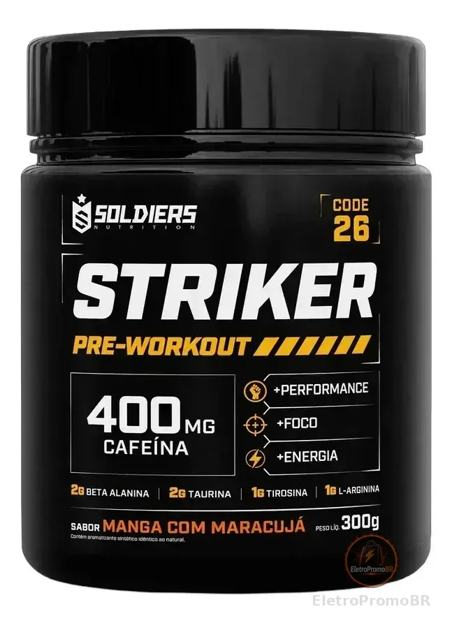 Striker Pré-treino Suplemento Alimentar Em Pó Cafeína 400mg Manga C/ Maracujá 300g 20 Doses - Soldiers Nutrition