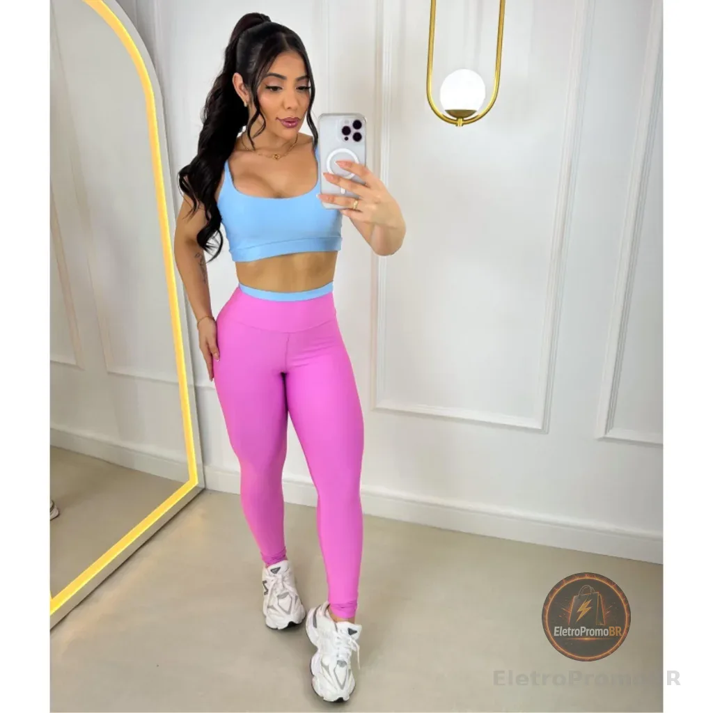 Conjunto Fitness Calça Legging e Top com Bojo Feminino Bicolor Academia Costura Reforçada Cós Alto