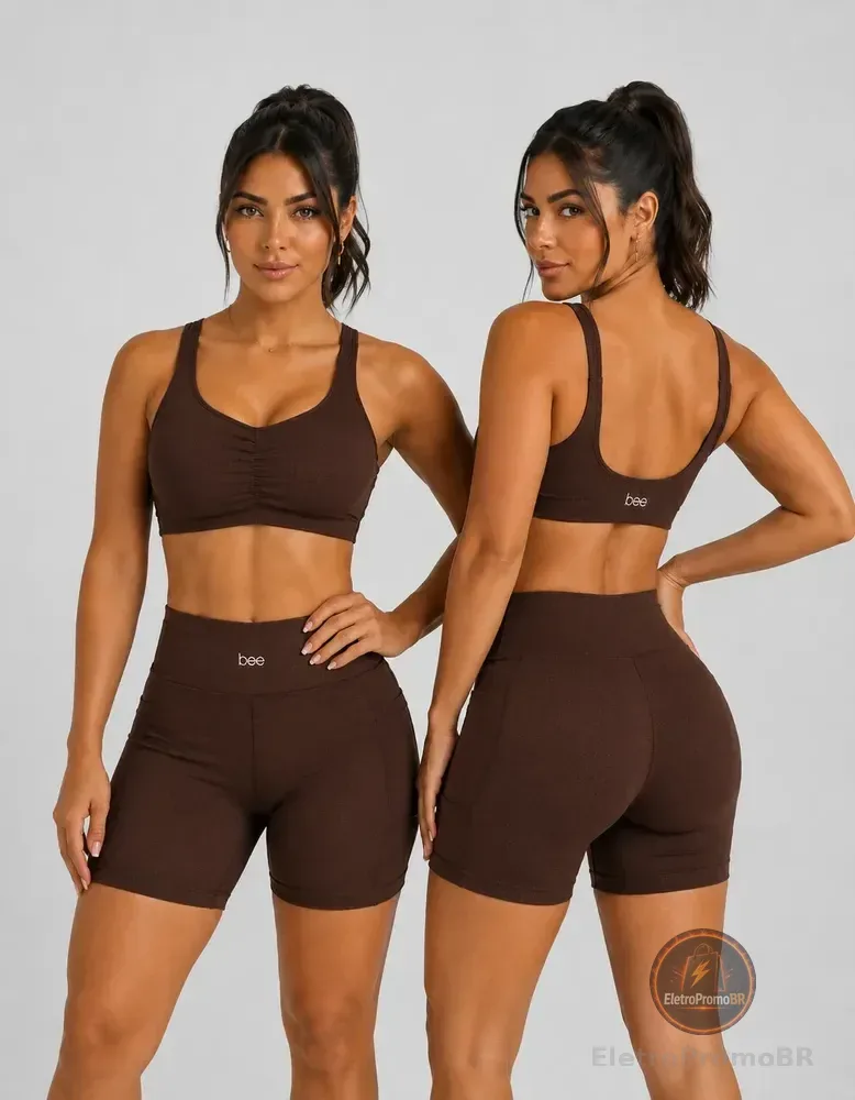 Conjunto Fitness Feminino Cintura Alta Bolso Bojo Suplex Bee Marrom Liso G