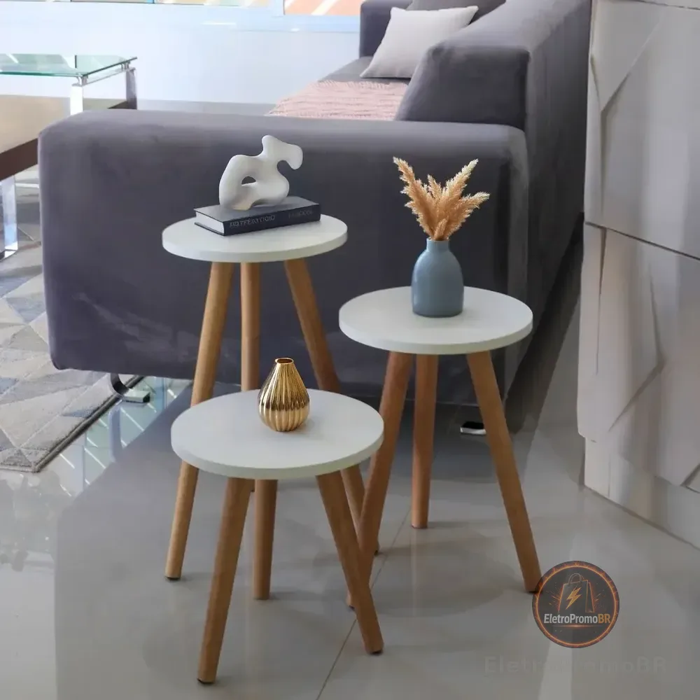 Kit 3 Mesinhas Redonda Pé Palito Retro Trio Mesas Decorativo Acabamento Fosco Cor Branco