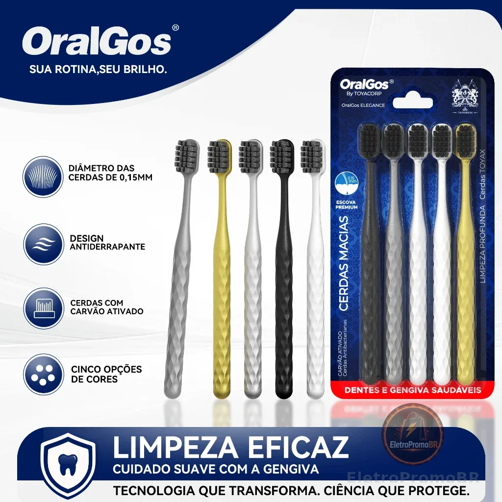 OralGos Escova Premium com Cerdas de Carvão,Cerdas de altadensidade+Pega Antiderrapante