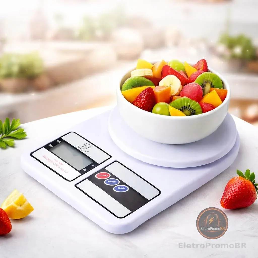 Balança de Cozinha Digital Premium Gourmet Resistente à Água Portátil Base Antiderrapante Visor de Alta Definição Pesagem Precisa Durável Moderna Ideal para Alimentos Frescos Doces Salgados Compacta
