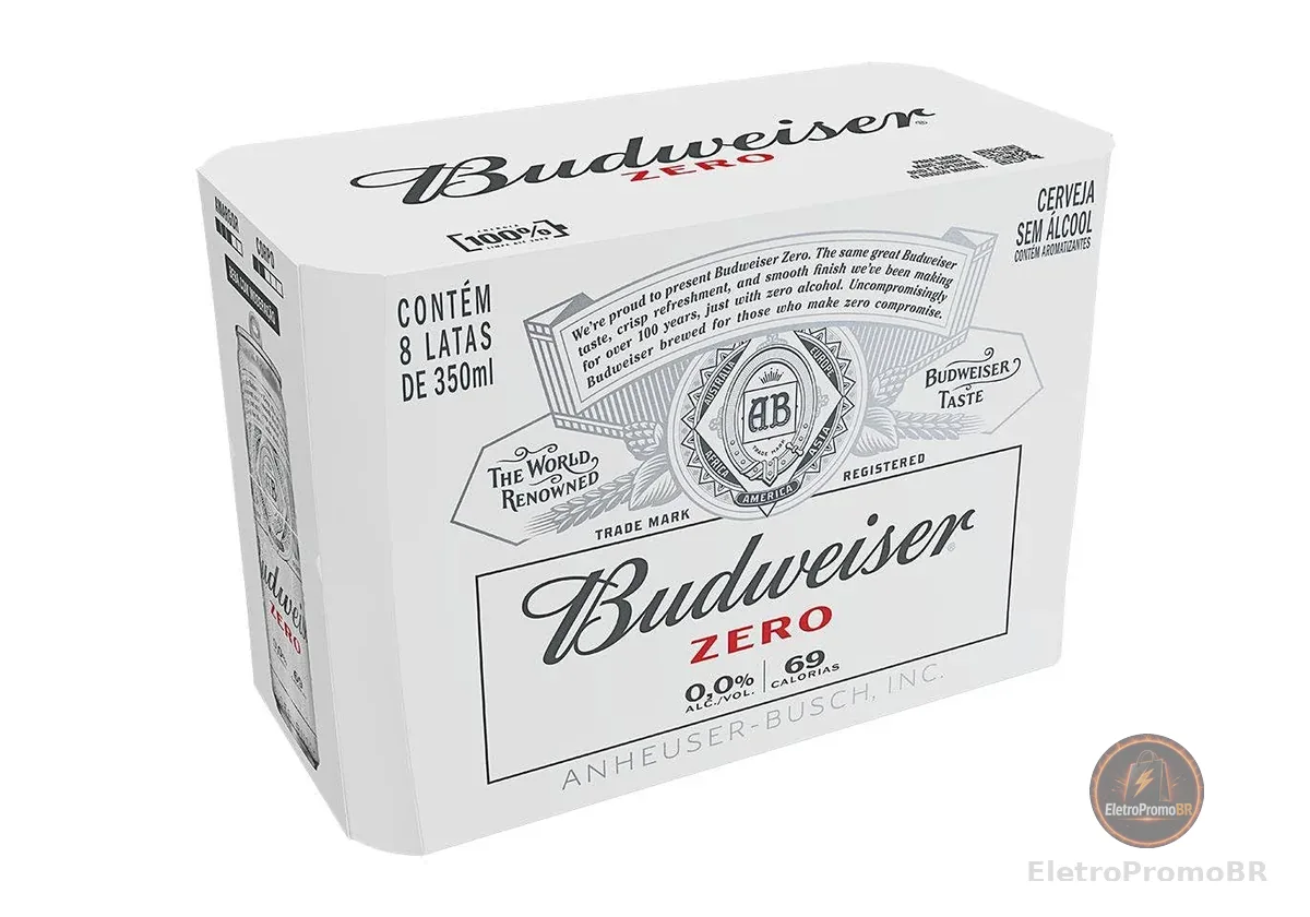 Cerveja Sem Álcool Budweiser, Lata 350ml, Pack com 8 unidades