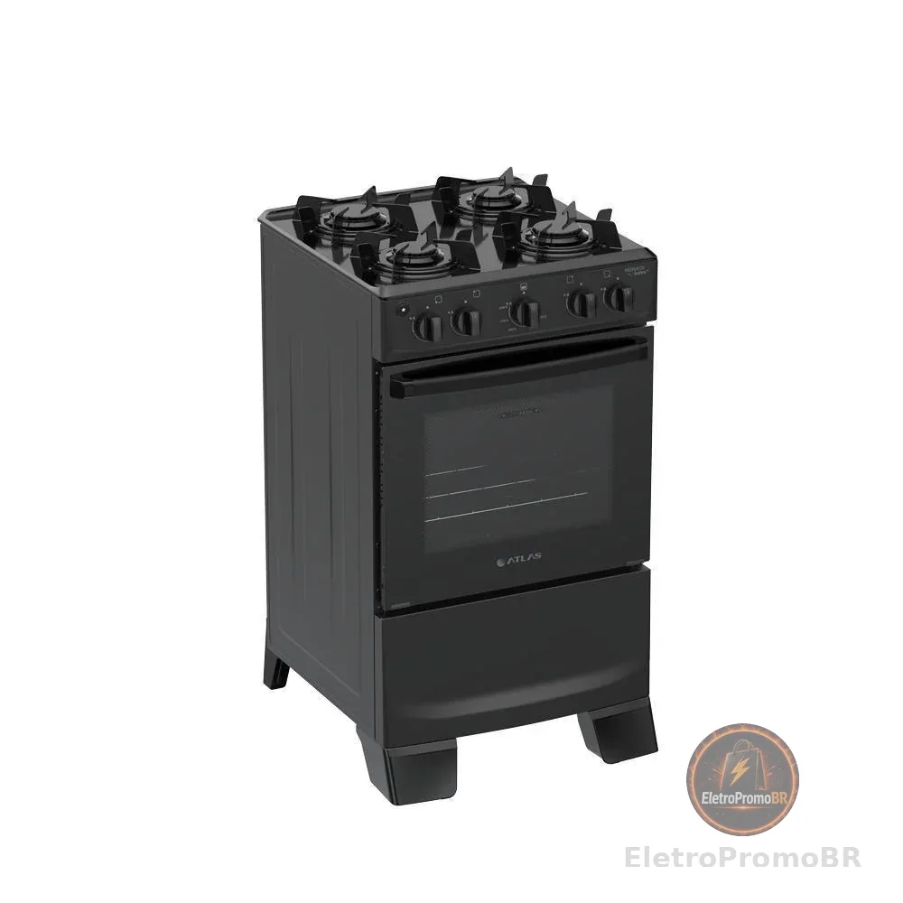 Fogão de Piso 4 Bocas a Gás Atlas Mônaco Lustro Mesa Esmaltada Automático Preto Bivolt