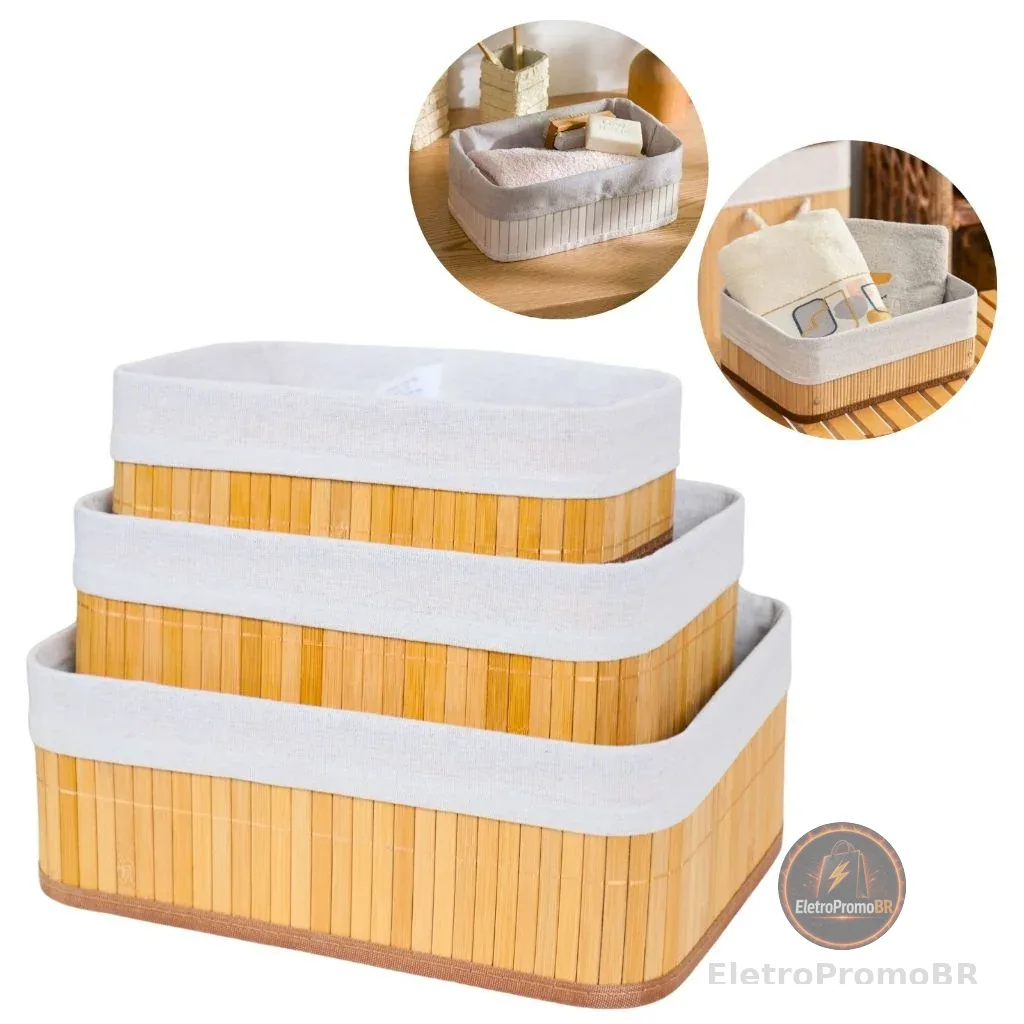 Kit 3 Cestos Organizadores de Bambu Multiuso com Forro