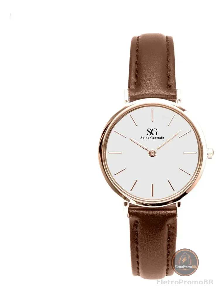 Relógio Feminino de Couro Marrom Saint Germain Bronx Rose Gold 32mm Cor do fundo Branco
