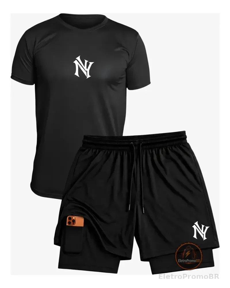 Kit Academia Treino Camiseta Dry Fit +short 2 Em 1 Masculino Preto M
