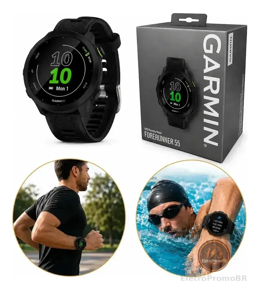 Relógio Garmin Forerunner 55 Monitor Cardíaco Gps 42mm Preto Corrida Caminhada Ciclismo Natação Monitoramento Sono Pace Calorias Distância Cronômetro Resistente Leve Esportivo Unissex Com Gps Rápido