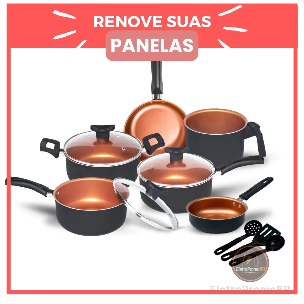 Jogo de Panelas Kit 9 Pçs Antiaderente Tampa Vidro Teflon