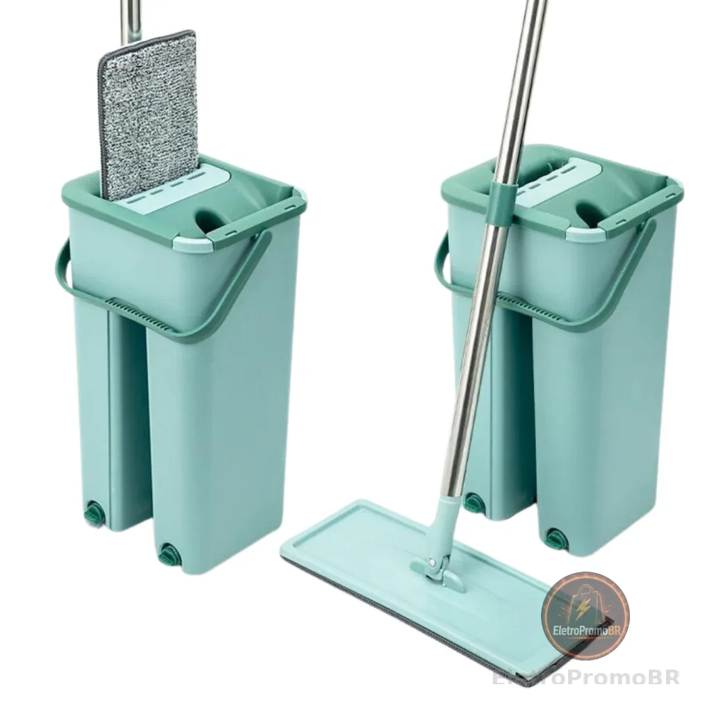 Flat Mop com Refil Esfregão Com Balde Rodo Mágico Lava Seca Tira Pó