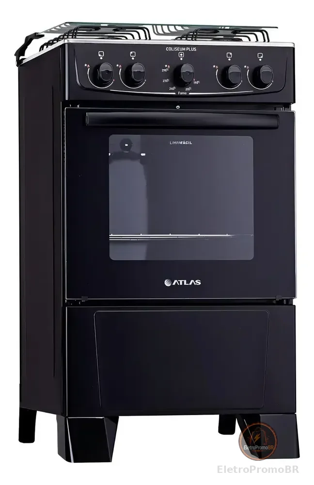 Fogão 4 Bocas Atlas Coliseum Plus Preto A Gás com Mesa de Inox e Forno de 50 Litros Acendimento Manual