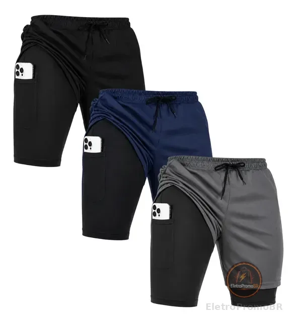 Kit 3 Bermuda 2 Em 1 Short Corrida Academia Dryfit Esporte