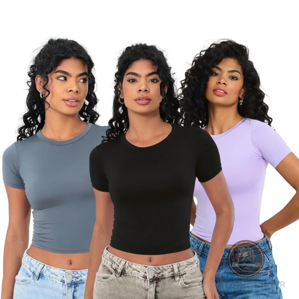 KIT 03 - Baby Tee Feminina - Blusa Slim Fit Manga Curta - Blusa Compressão