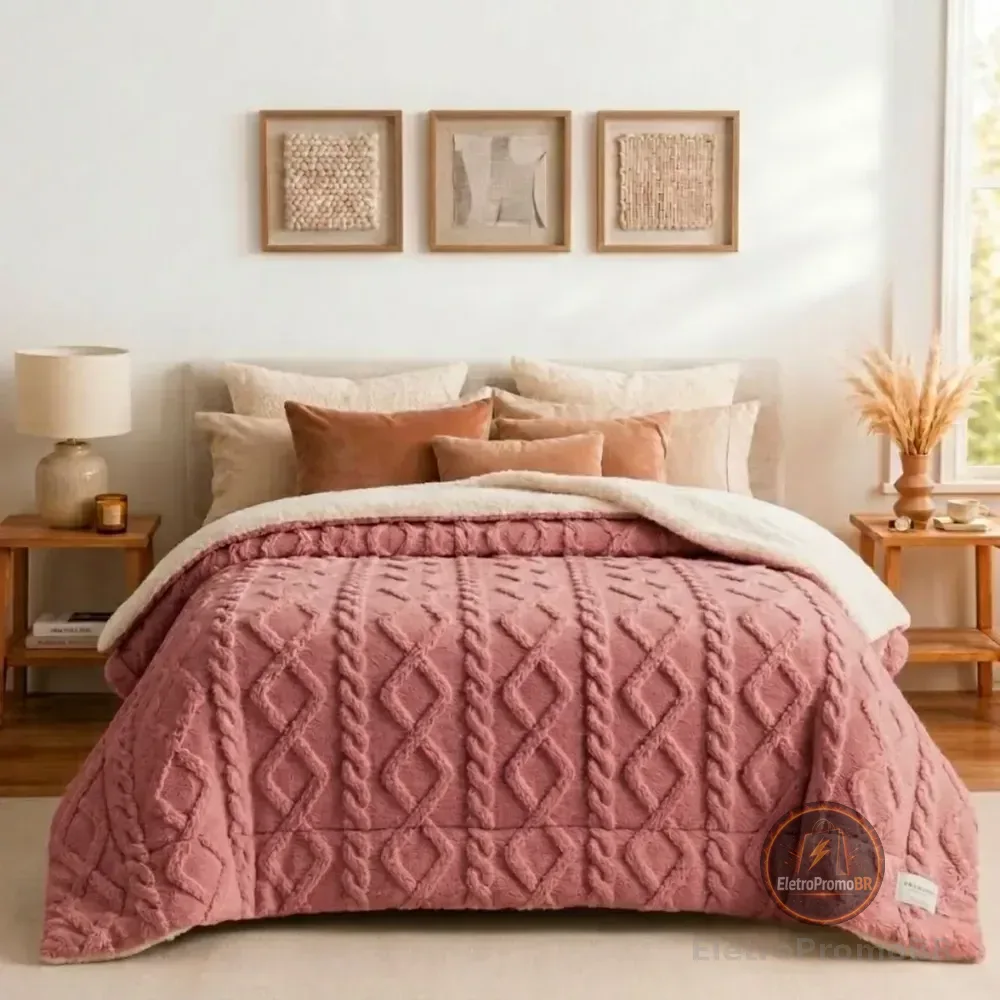 Manta Sherpa Queen Dupla Face 1,90 X 2,10 Cobertor Casal Geométrico 1667 G Rosa Rosê Feminino