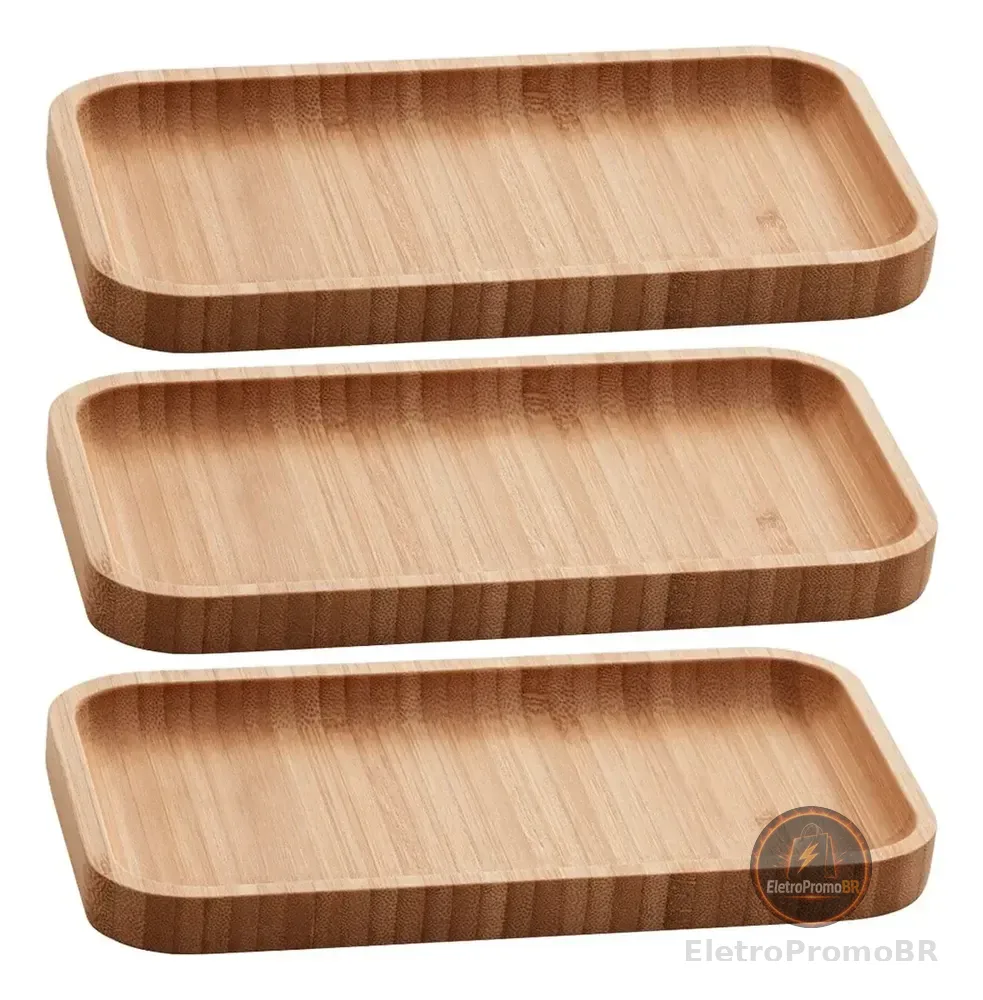 Kit 3 Bandejas De Bambu Retangular Para Cozinha 20x10cm Peti Lyor Hire