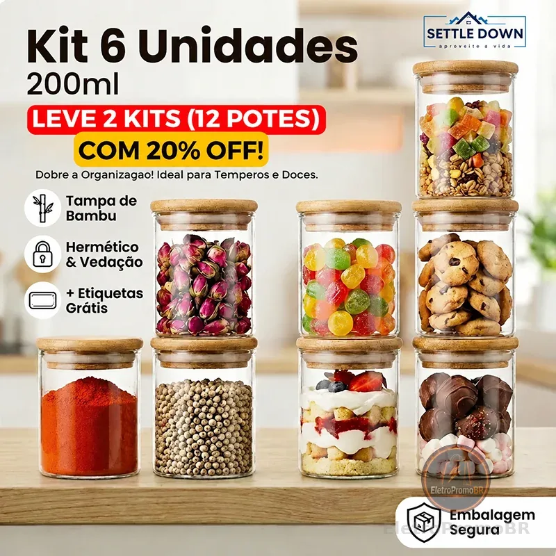 Kit 6 Potes Herméticos de Vidro com Tampa de Bambu 200ml Organizador Cozinha Mantimentos