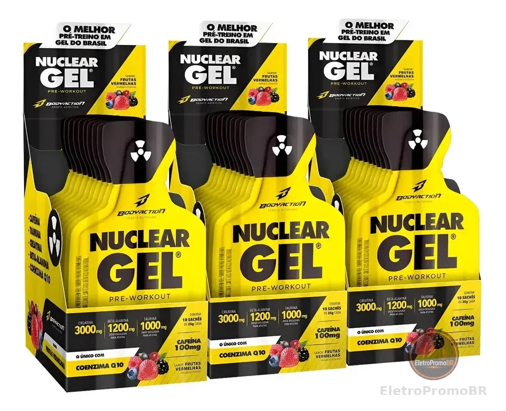 Kit 3x Pre Treino Nuclear Rush Gel - 30 Sachês Bodyaction Sabor Frutas Vermelhas