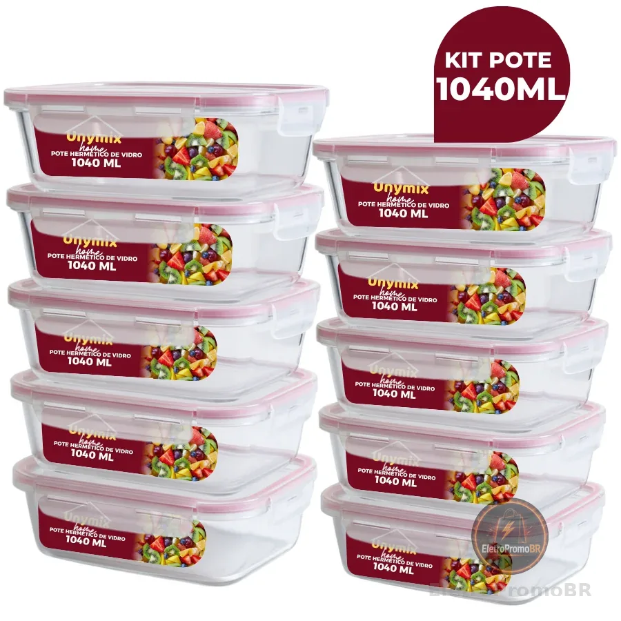 Kit 3/5/10 Potes Vidro Hermético 1040ml Retangular 4 Travas Marmita Premium