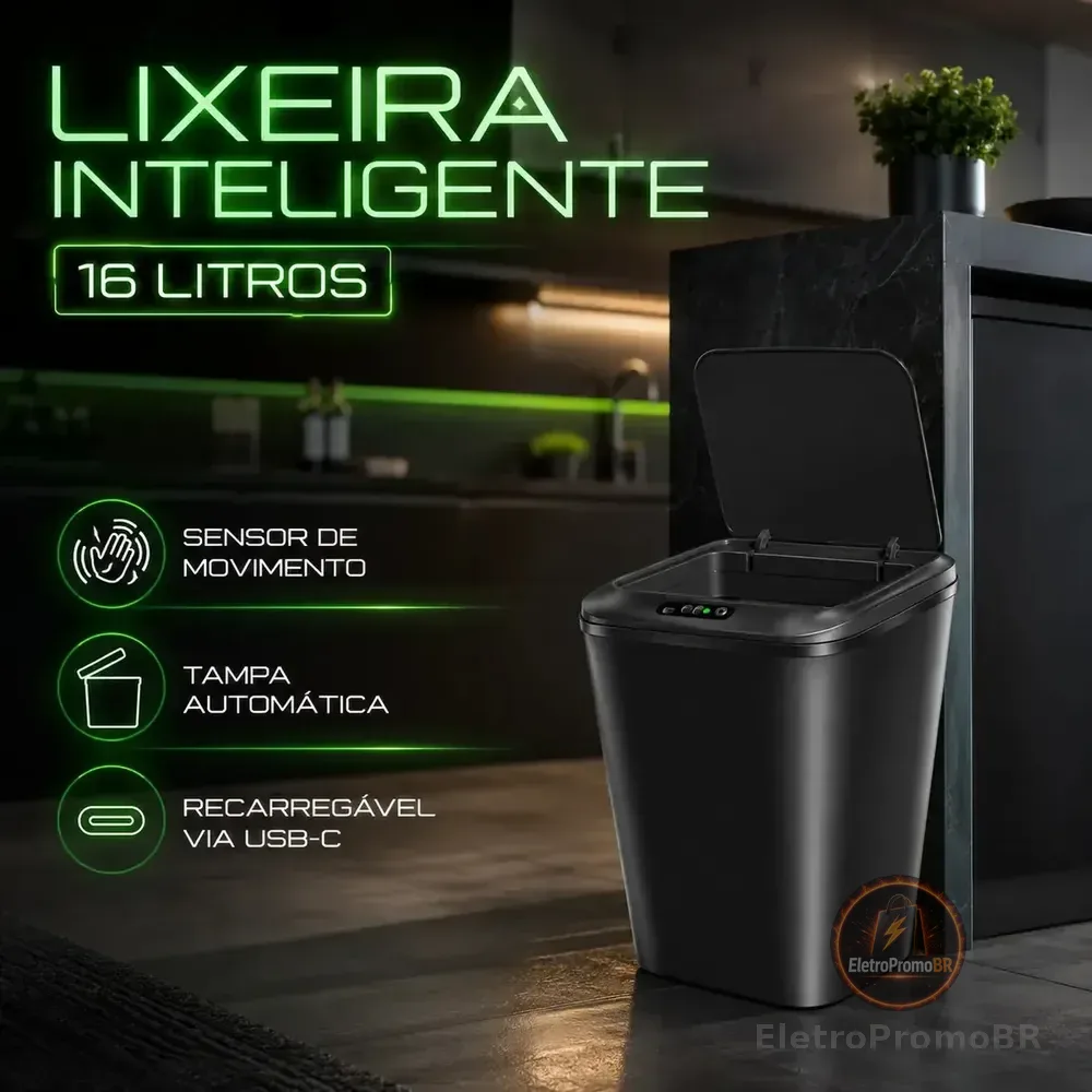Lixeira Inteligente 16 Litros Com Sensor Automático Recarregável Usb Tampa Touchless Anti Odor Ideal Para Banheiro Cozinha Escritório Cor Preto