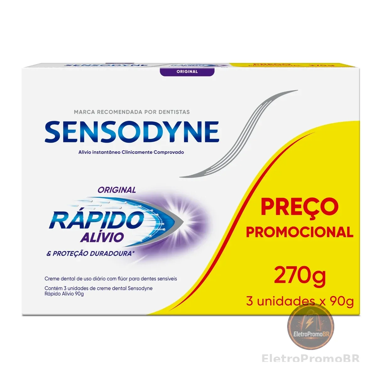 Sensodyne Creme Dental para Sensibilidade Rápido Alívio e Proteção Duradoura com Flúor, Leve 3 e Pague 2, Alívio Instantâneo, 90g cada