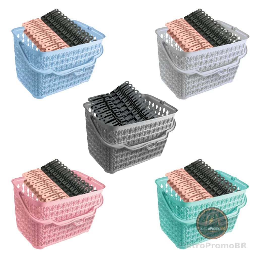 Kit Cesto + 60 Prendedores Roupas Reforçado Cesto Multiuso com Alça