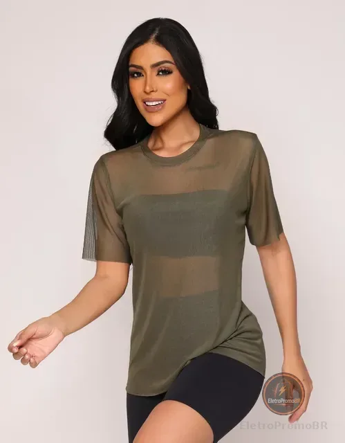 Blusa Feminina Moda Academia Fitness Tule Transparente Dk