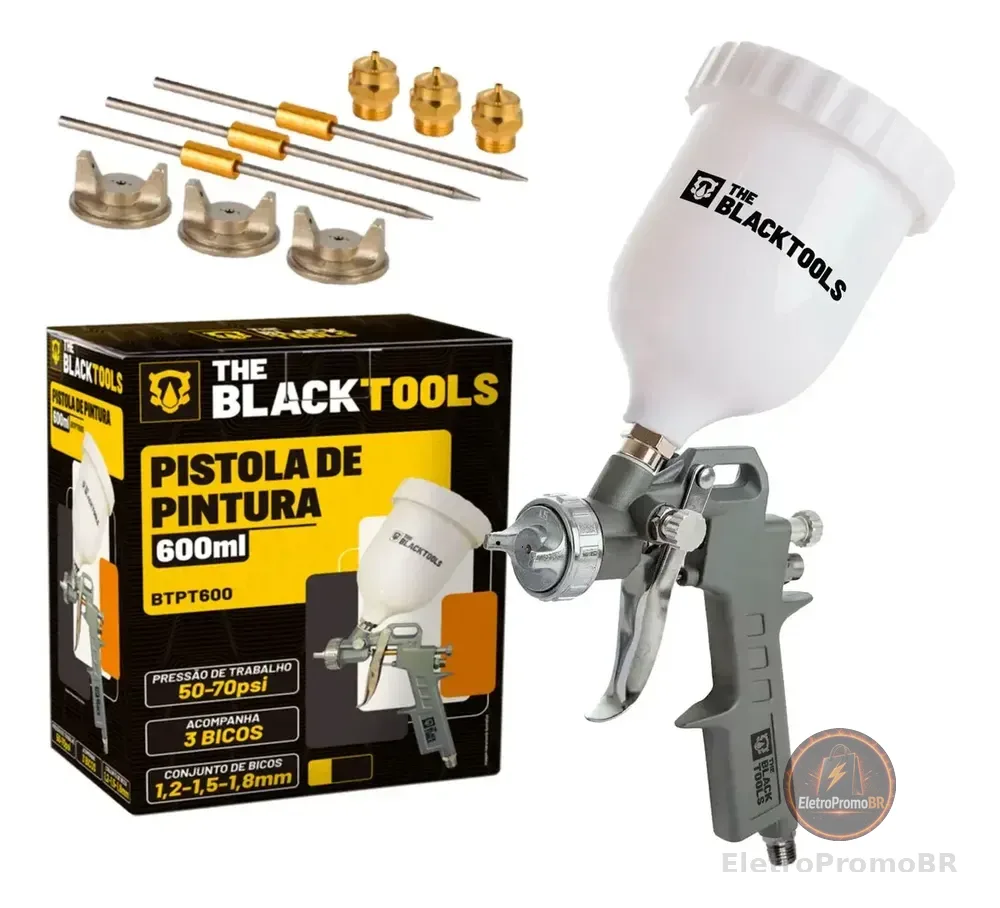 Pistola Pintura Gravidade 600ml 3 Bicos 1.2 1.5 1.8mm Profissional The Black Tools