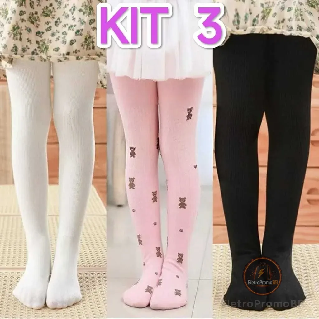 kit 3 Meias calça infantil Meia Grossa Frio Inverno Menina Preta/ Branca/Colorido,Estampa 1a 14 anos