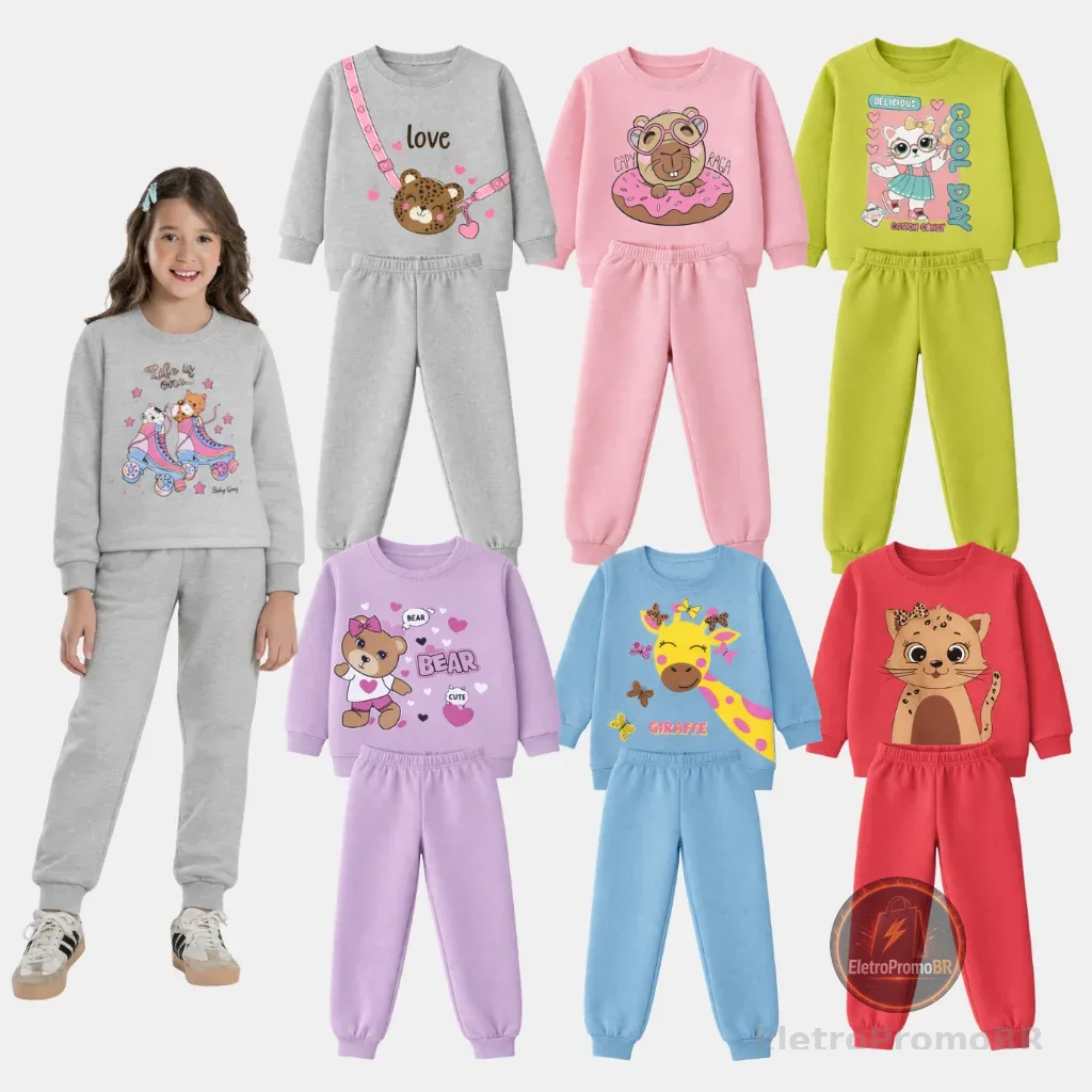 Kit Sortido 4 Peças 2 Casacos Moletom Careca + 2 Calças Infantil Feminino/Menina 2 Conjuntos 1 ao 14