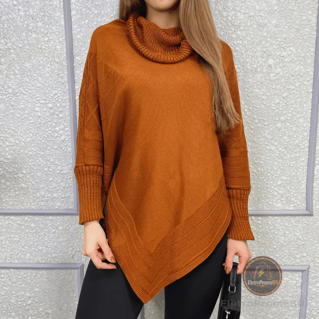 Poncho Bico Feminino Punho Tricô Gola Alta Capa Inverno Casual Casaco Lã