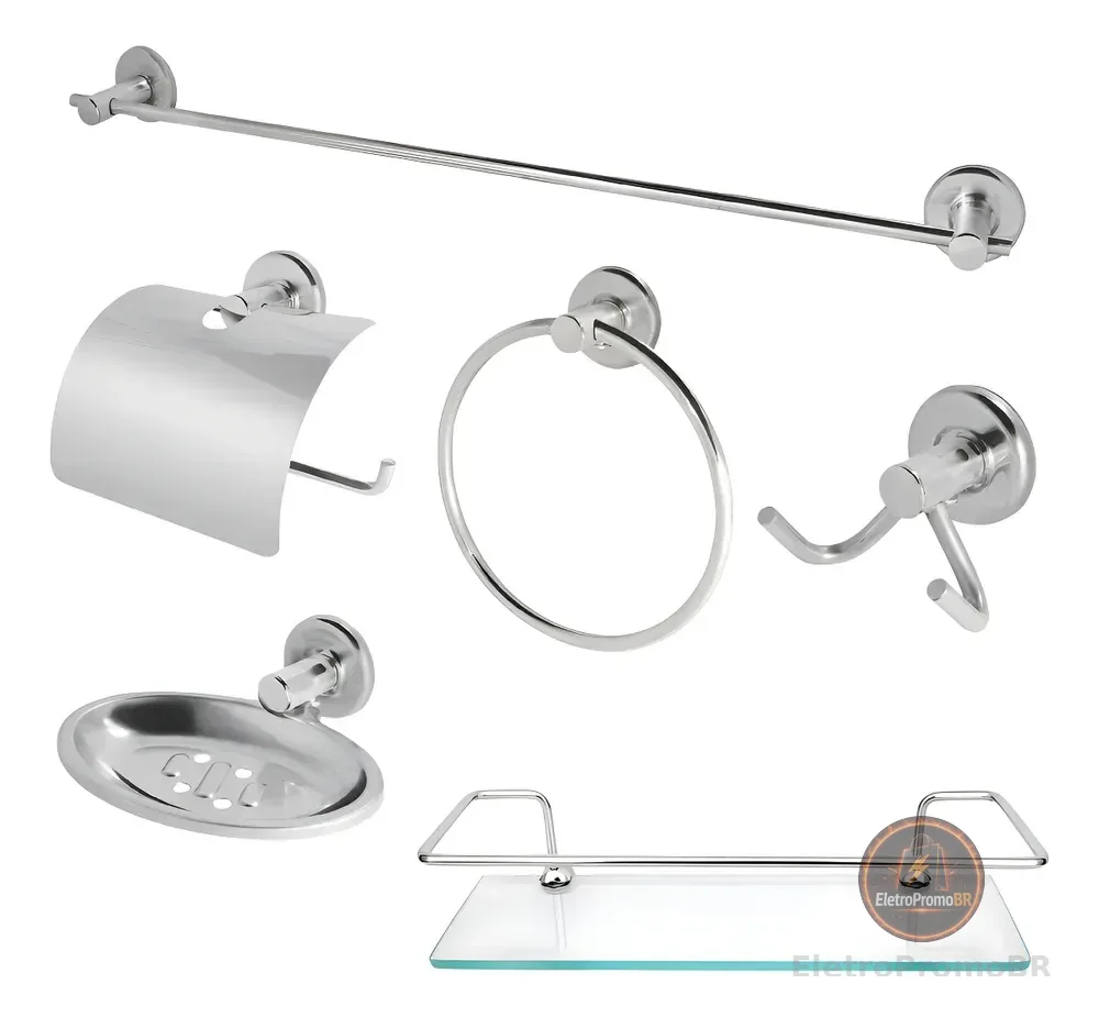 Kit Acessórios Banheiro Inox 5peças + 1 Porta Shampoo Reto Cor Prateado