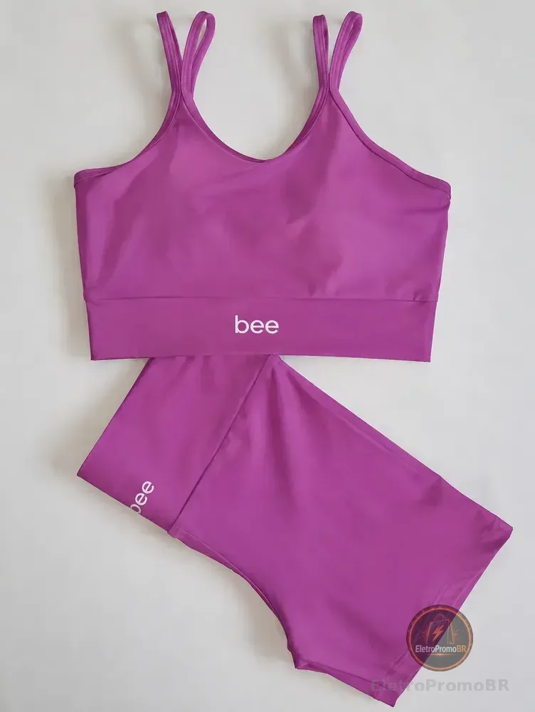 Conjunto Fitness Bee Top Cropped E Short Premium Feminino Roxo Liso M
