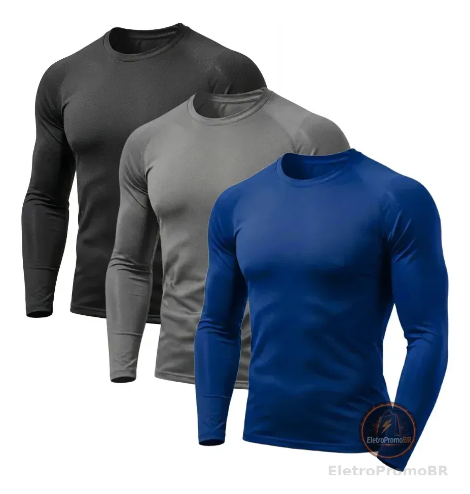 Kit 3 Camisa Segunda Pele Masculina Manga Longa Proteção Uv Azul Cinza Preto M
