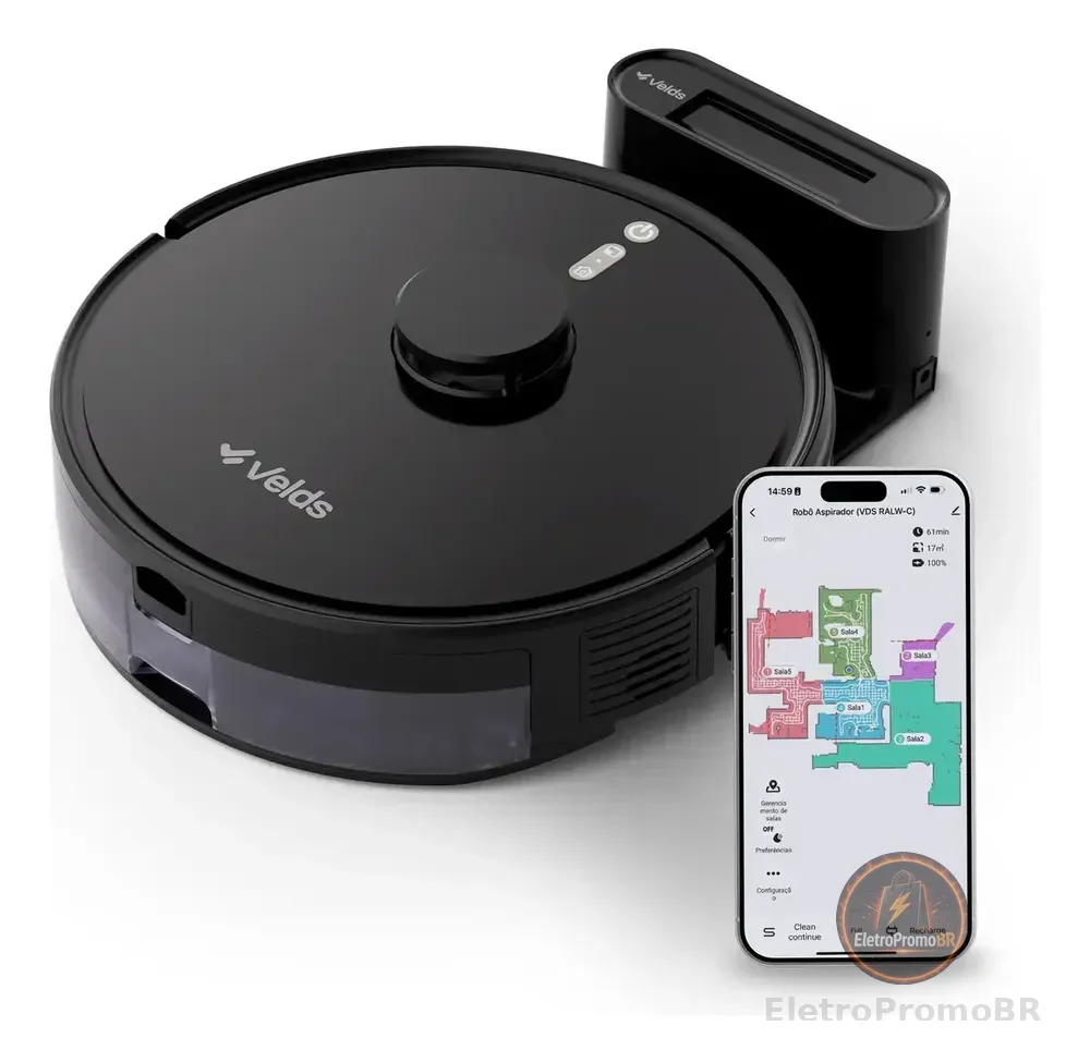 Robô Aspirador de Pó Velds 3 em 1 – Varre Aspira e Passa Pano com Mapeamento via App e Sensor Antiqueda, Preto