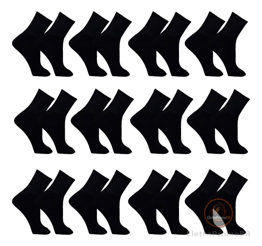 Meia Masculina Kit 12 Pares Cano Alto Longo Sport Preta Preto Liso 38-44
