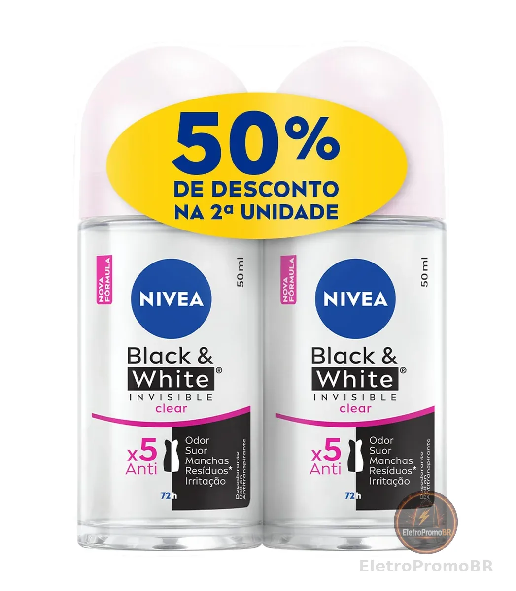 NIVEA Kit Desodorante Antitranspirante Roll On Invisible Black & White Clear 50ml