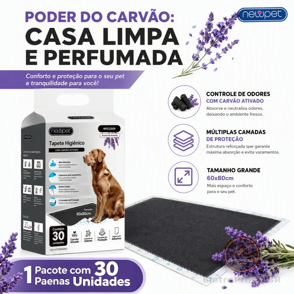 Tapete Higiênico Cães Carvão Bambu Ativado Aroma Lavanda 30 Unidades Absorvente Anti Odor Tamanho 60x60cm / 80x60cm