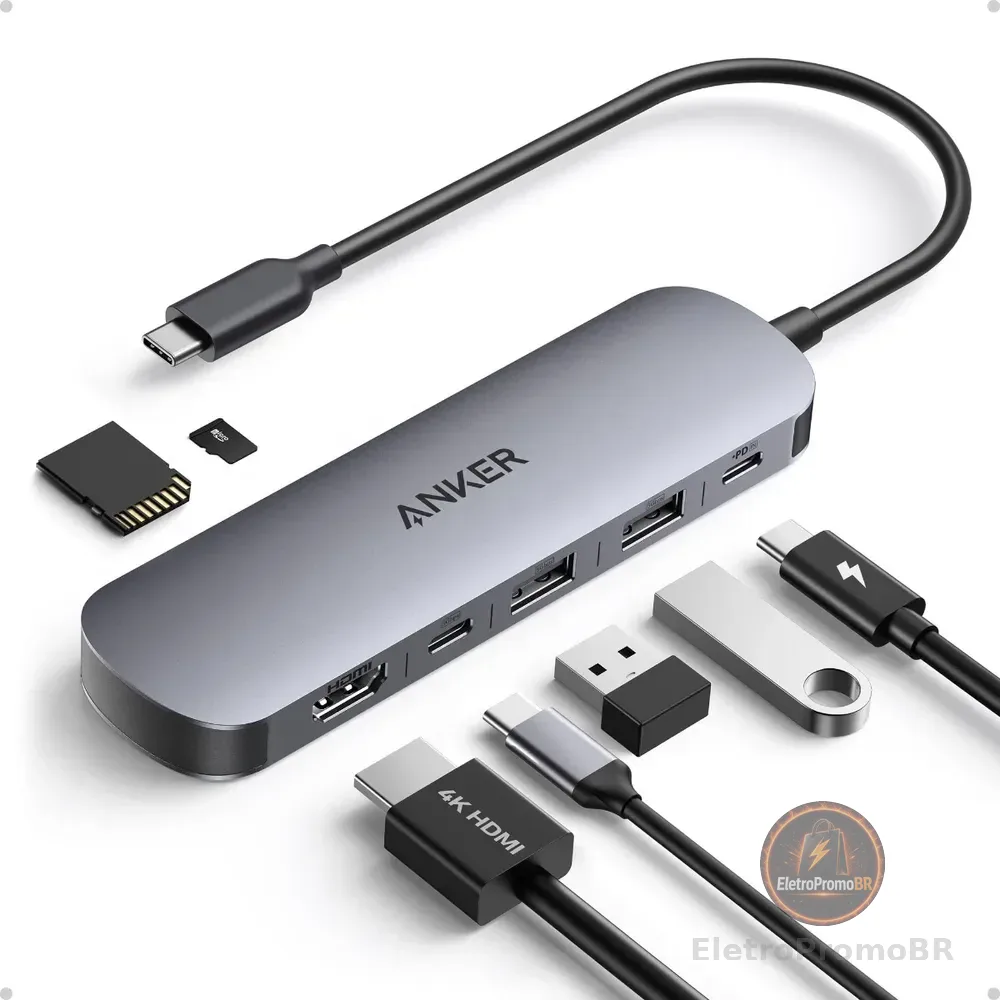Hub Usb C 7 Portas Em 1 Anker Adaptador Multiporta para Notebook, HDMI 4K@60Hz, Até 85W, 3 portas USB-A e USB-C 3.0, Leitor de Cartões SD/TF, Compatível com Thunderbolt para MacBook, Windows e Mais