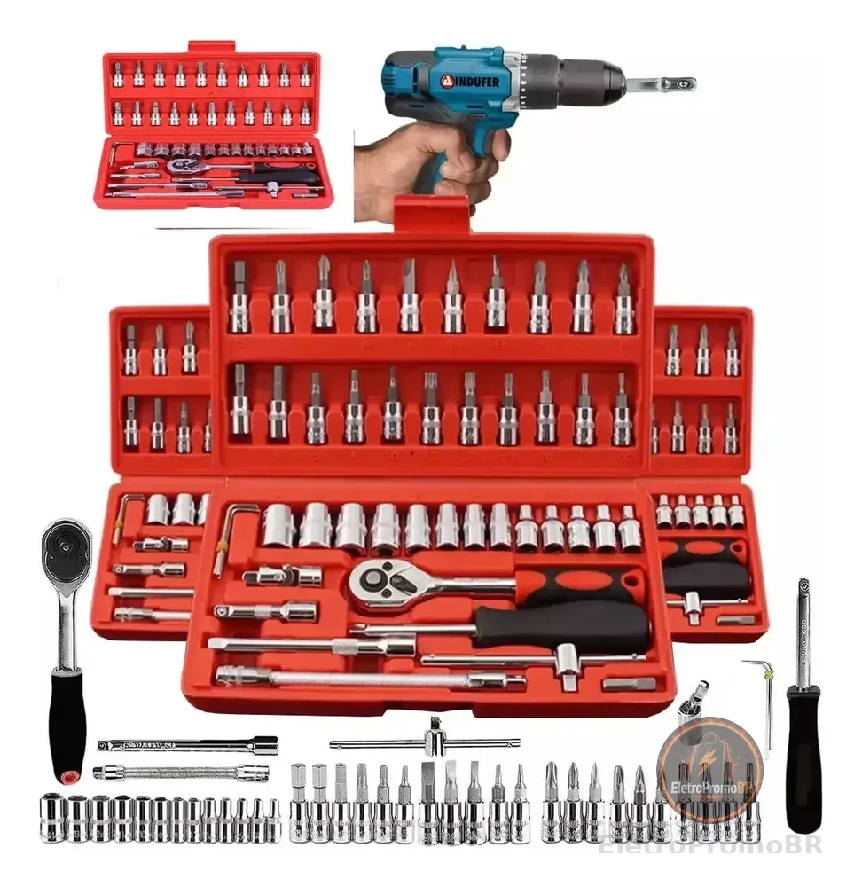 Kit Chaves Jogo Catraca Reversível Soquetes 46 Peças+maleta Mecânico Manutenção Casa Carro Profissional Resistente Portátil Compacto