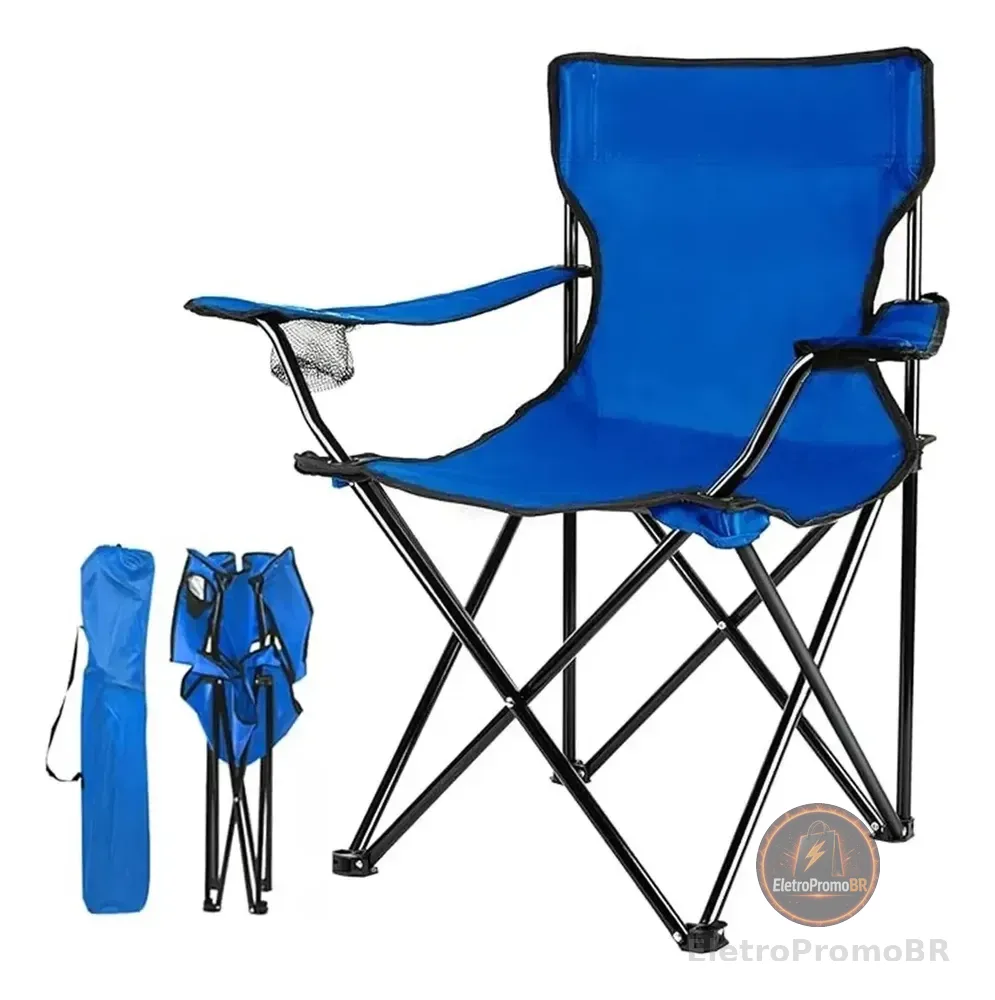 Cadeira Omega Dobrável Azul 120kg Com Porta Copos e Bolsa Camping Pesca
